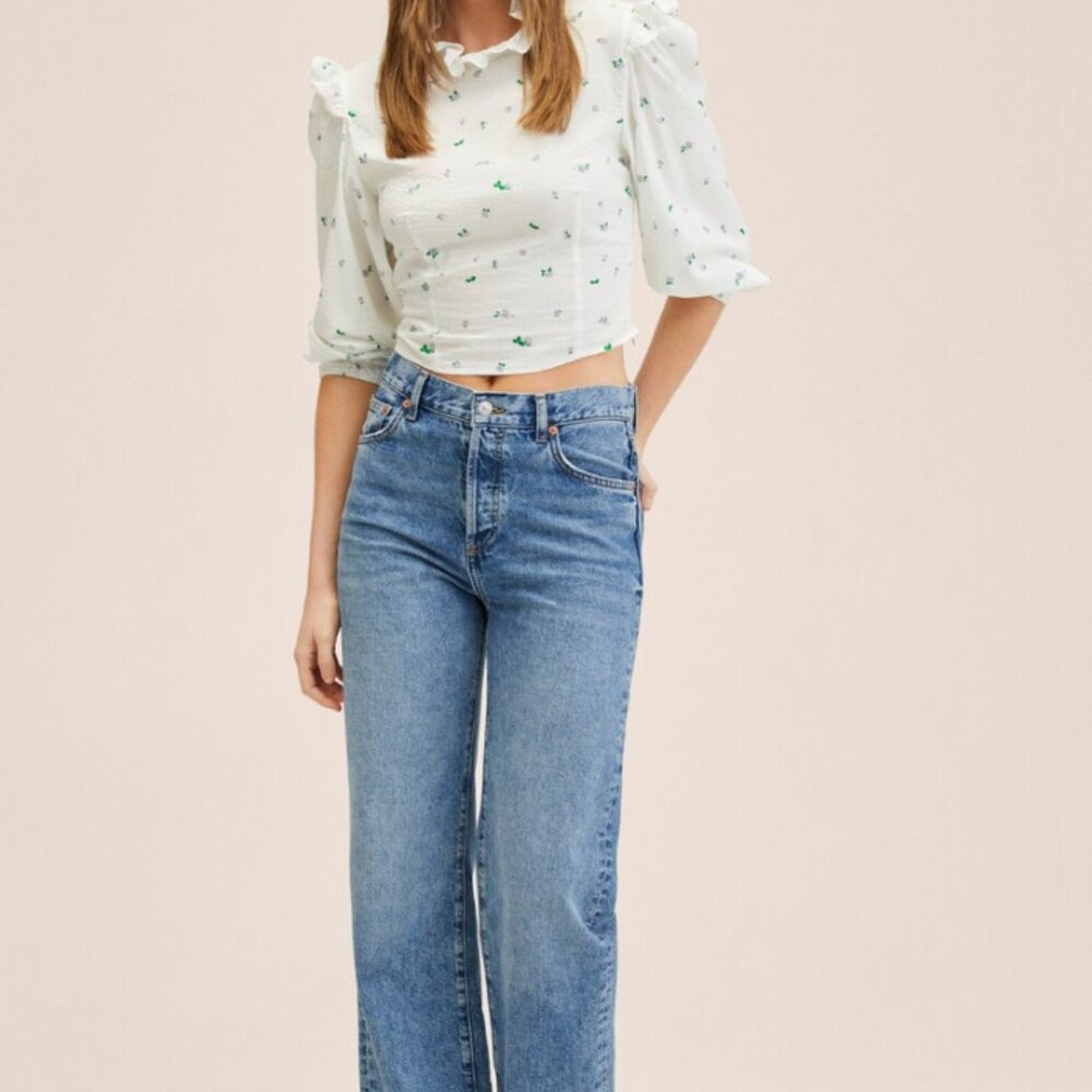 NWT Mango White Blouse with Floral Accents- size Small